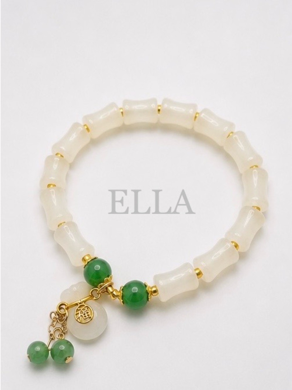 White Jade Style Bamboo Beaded Bracelet with Green Charms | Gold Accent